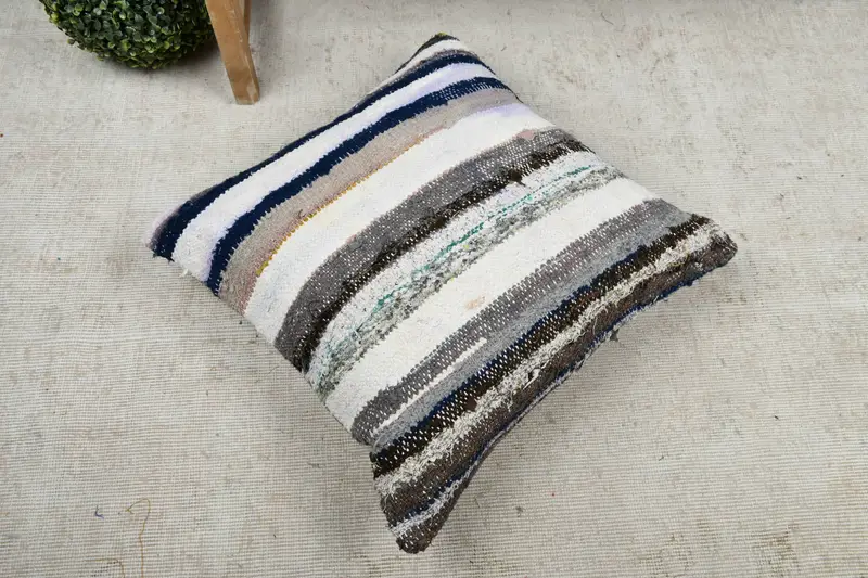 Turkish Kilim Pillow, Boho Pillow, Chair Pillow Case, 22x22 White Cushion, Pillow Cover, Handmade Kilim Cushion, Office Chair Cushion Case - 8