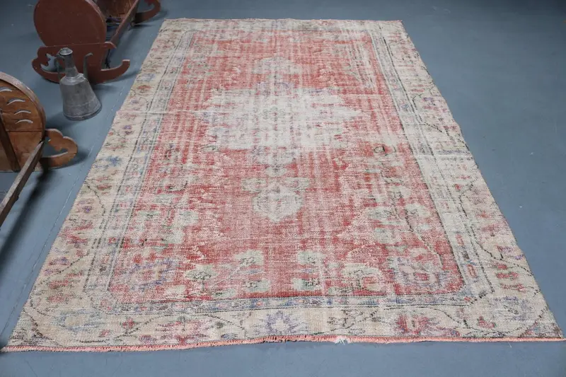 5.9x8.8 ft Oushak Halı, Türk Vintage Halısı, Kırmızı Mavi Çiçekli Halı - 1
