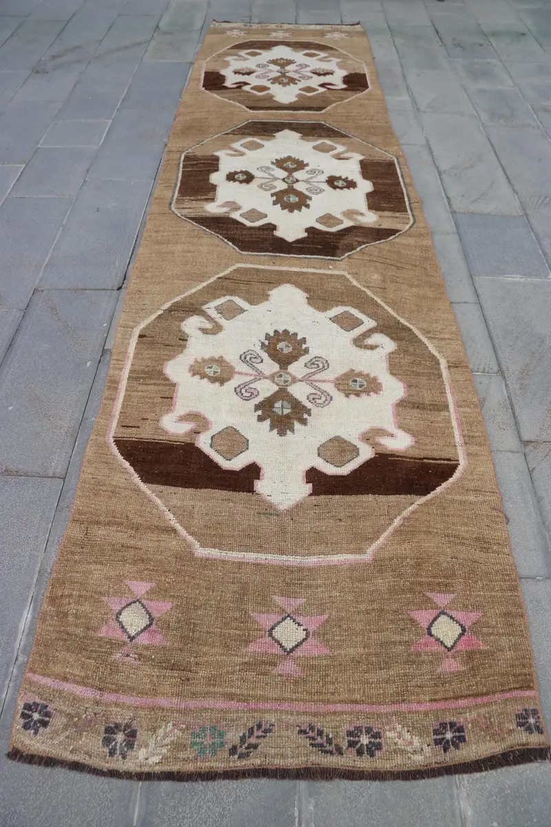 Vintage Turkish Rug, 3.5x13.8 ft Oushak Rug, Brown Pink Moroccan Wool Rug - 1