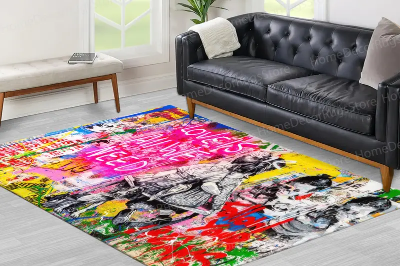 Elegant Printed Rug: Banksy Inspired Love Graffiti Design