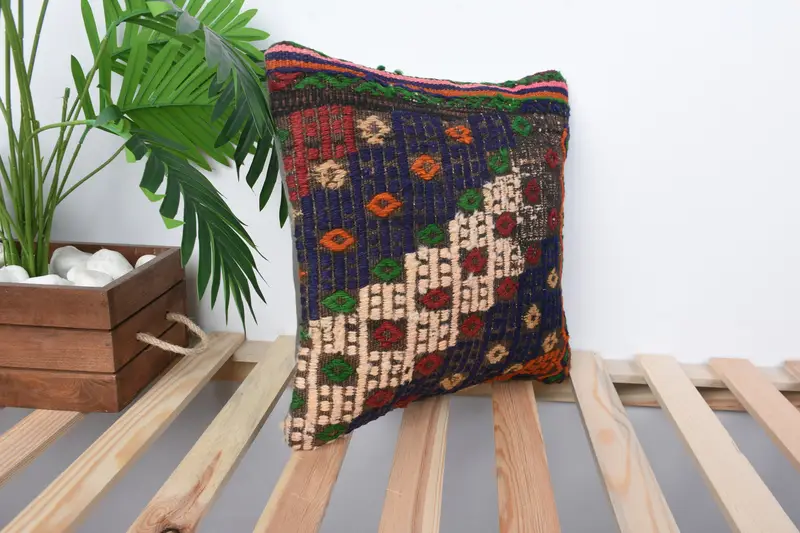 Turkish Kilim Pillow, Tribal Cushion, Boho Pillow Sham Cover, Boho Chic Cushion Cover, Pillow Case, 14x14 Blue Cushion, Handmade Kilim Cushion - 4