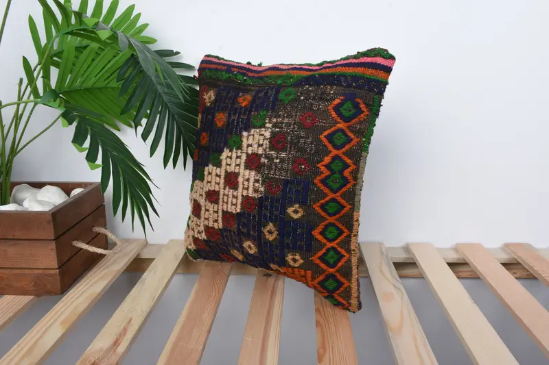 Turkish Kilim Pillow, Tribal Cushion, Boho Pillow Sham Cover, Boho Chic Cushion Cover, Pillow Case, 14x14 Blue Cushion, Handmade Kilim Cushion - 5