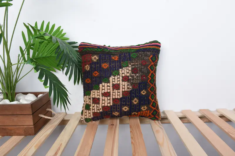 Turkish Kilim Pillow, Tribal Cushion, Boho Pillow Sham Cover, Boho Chic Cushion Cover, Pillow Case, 14x14 Blue Cushion, Handmade Kilim Cushion - 1
