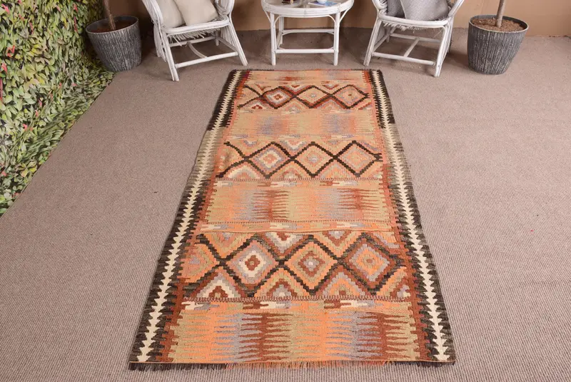 Turkish Vintage Rug 3.6x7.7 ft, Orange Kilim Patchwork Rug - 1