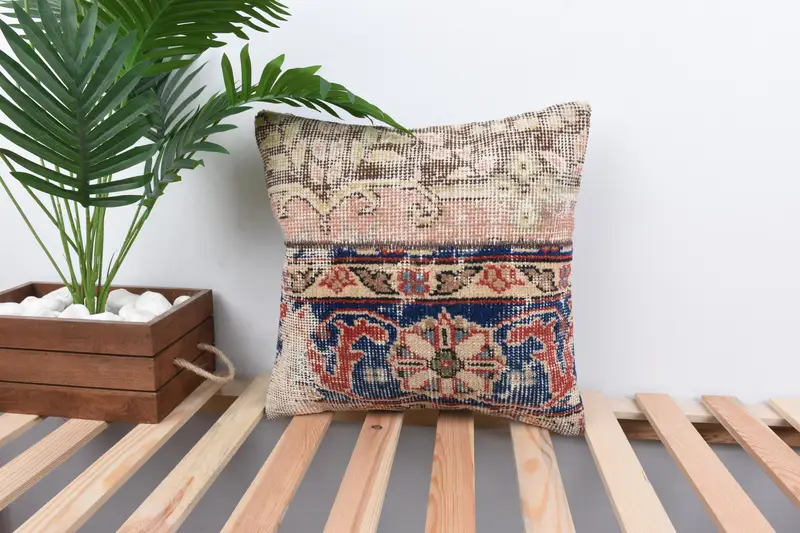 Embroidered Pink Pillow with Bronze Patchwork, 16x16 Throw Pillow