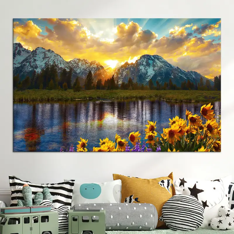 Sonnenuntergang-Berglandschaft-Sonnenblumen-Leinwanddruck – lebendiges Dekor