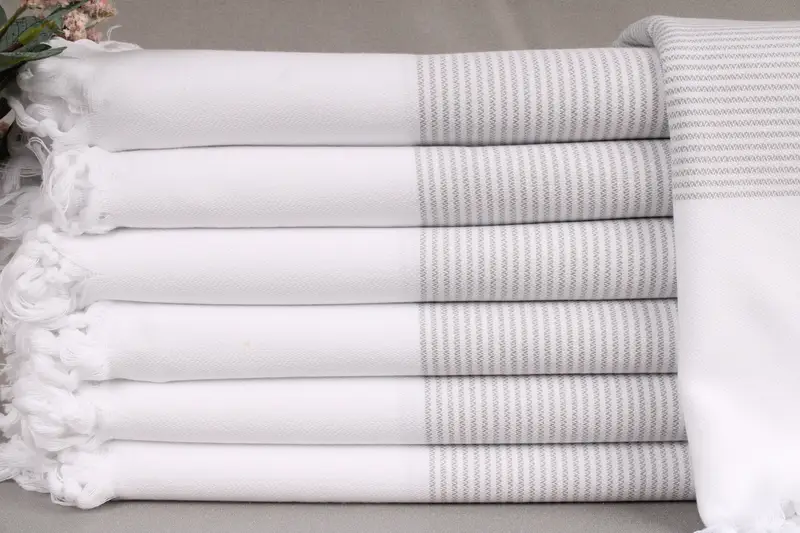 Monogram Beach Towel Gray Striped, Organic Turkish Cotton, 40x71 Inches