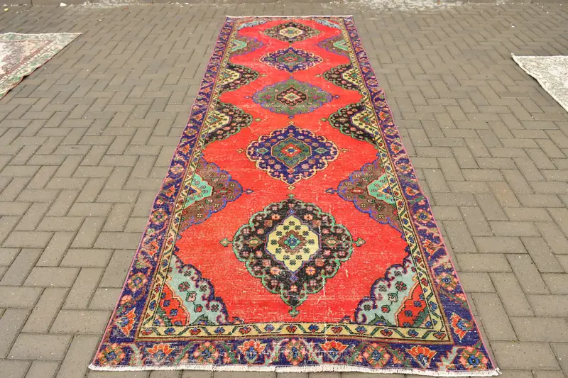 4,3x12,4 ft türkischer Teppich, Läufer Vintage Teppich, roter Polka Dot Teppich - 1