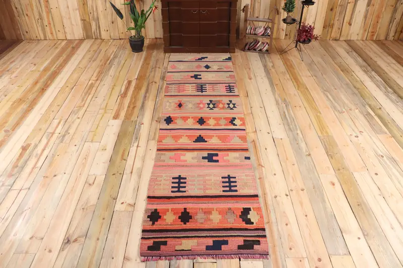 Türk Vintage Halı 2.7x10.3 ft, Kilim Turuncu Yün Halı - 1