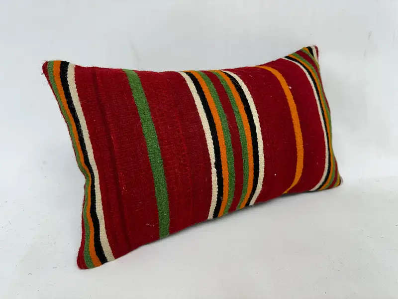 Red & Green Striped Throw Pillow, 12x20 Inches, Handmade Cotton Cushion - 3
