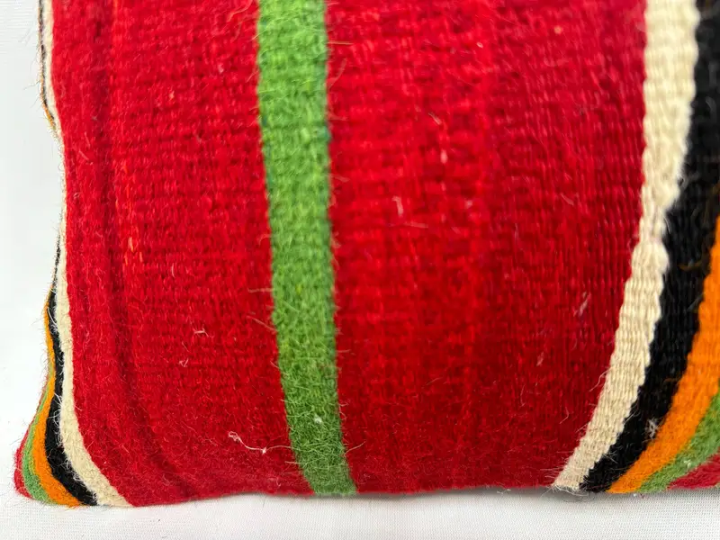 Red & Green Striped Throw Pillow, 12x20 Inches, Handmade Cotton Cushion - 2
