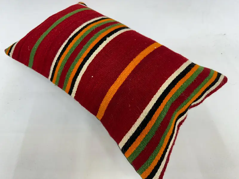 Red & Green Striped Throw Pillow, 12x20 Inches, Handmade Cotton Cushion - 6