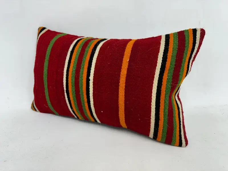 Red & Green Striped Throw Pillow, 12x20 Inches, Handmade Cotton Cushion - 4
