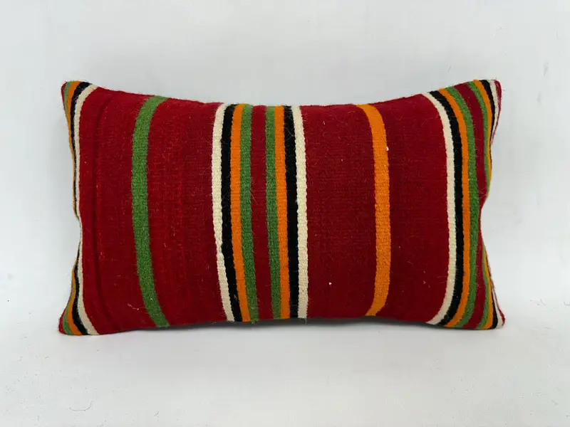Red & Green Striped Throw Pillow, 12x20 Inches, Handmade Cotton Cushion - 1