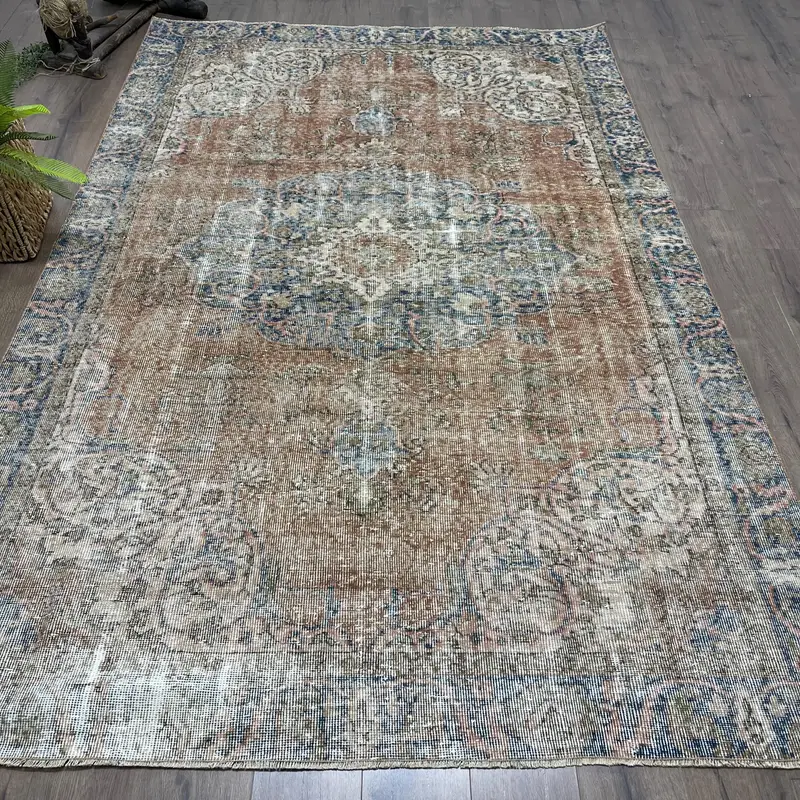 Oushak Rug, 6.3x9.7 ft Turkish Rug, Brown Floral Rug Wool - 1