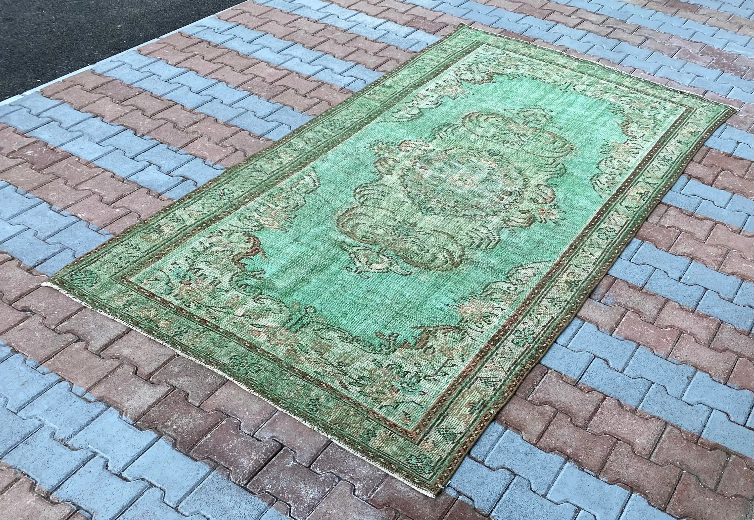 5.2x9.1 ft Vintage Halı, Türk Büyük Halı, Yeşil Çiçekli Yün Halı - 1