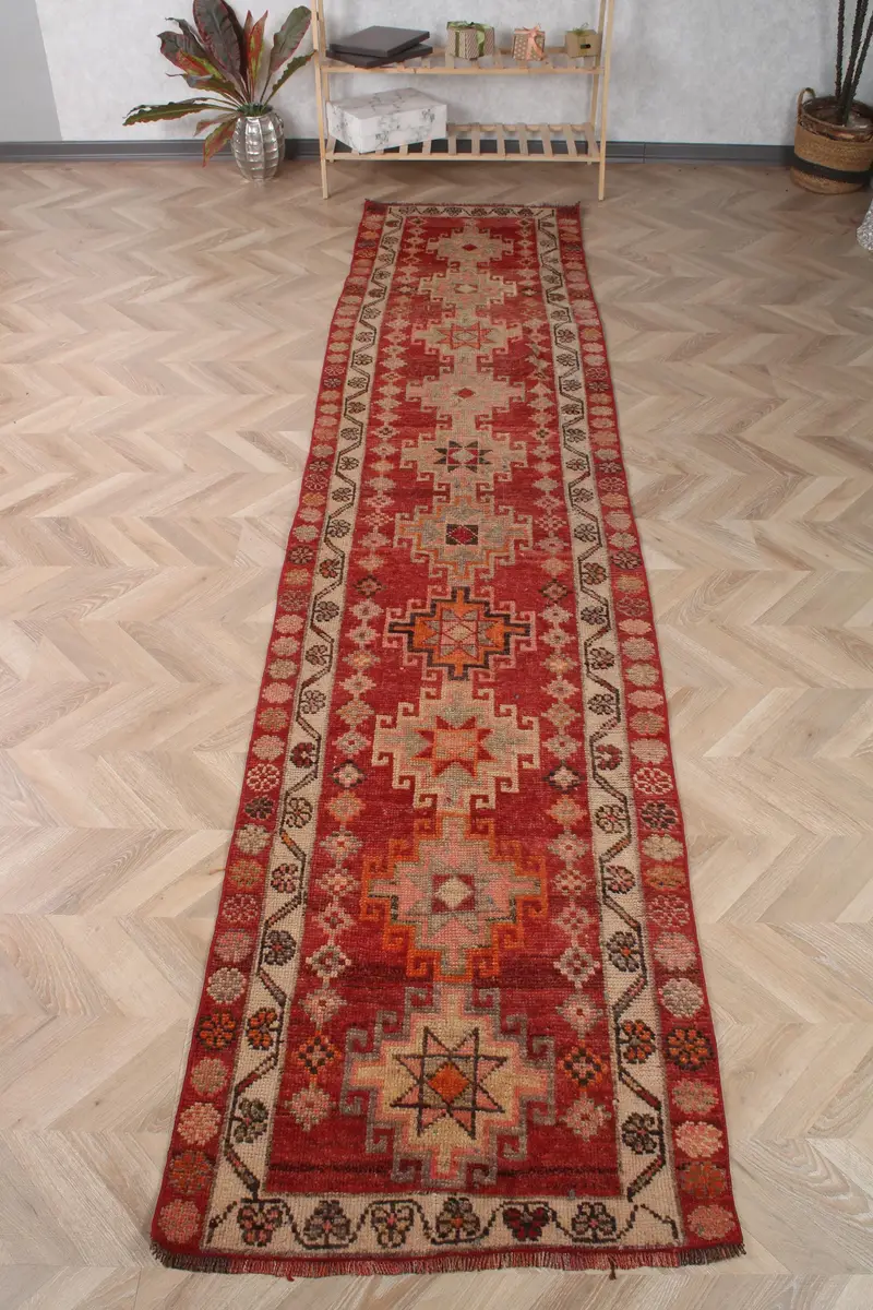 2.6x12 ft Rug, Runner Turkish Rug, Red Herki Polka dot Rug - 1