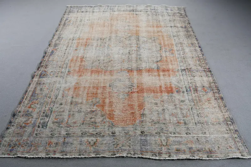 6.3x8.5 ft Türk Halısı, Vintage Büyük Halı, Mavi Turuncu Bitkiler ve ağaçlar Yün Halı - 1