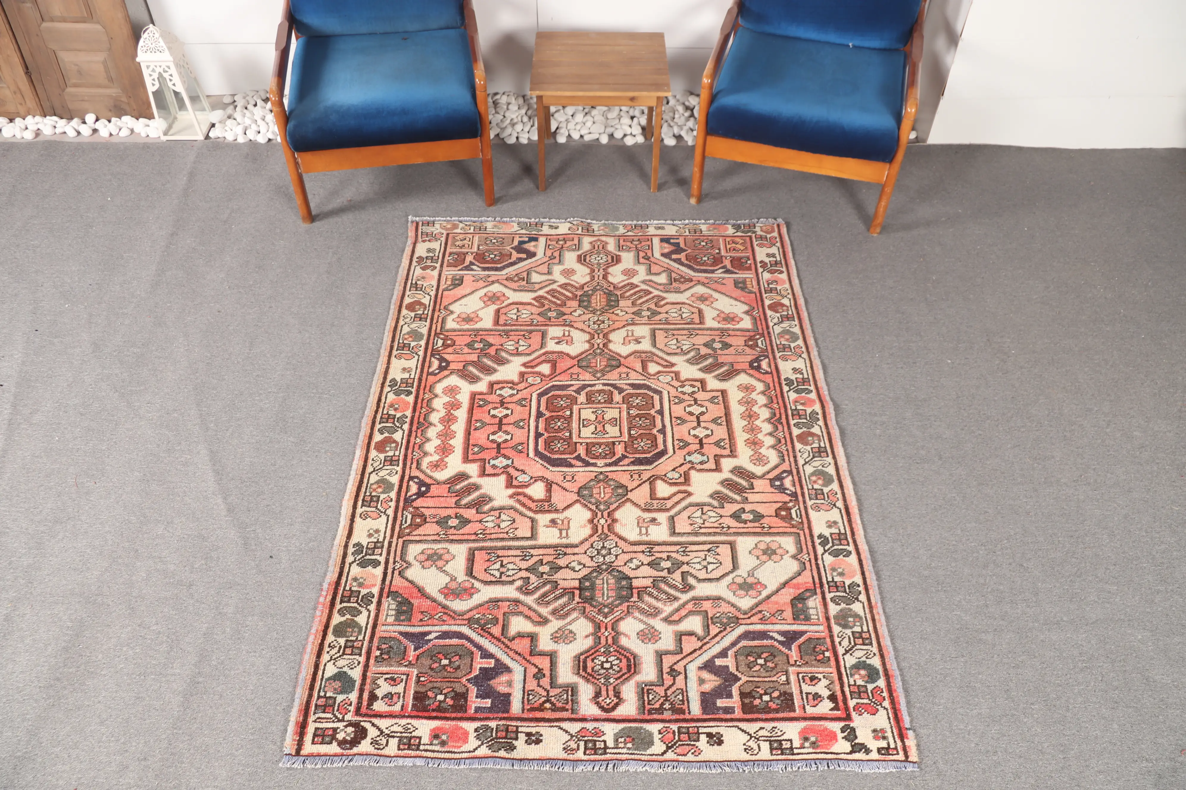 4.3x6.1 ft Oushak Rug, Vintage Turkish Rug, Pink Brown Floral Rug - 1
