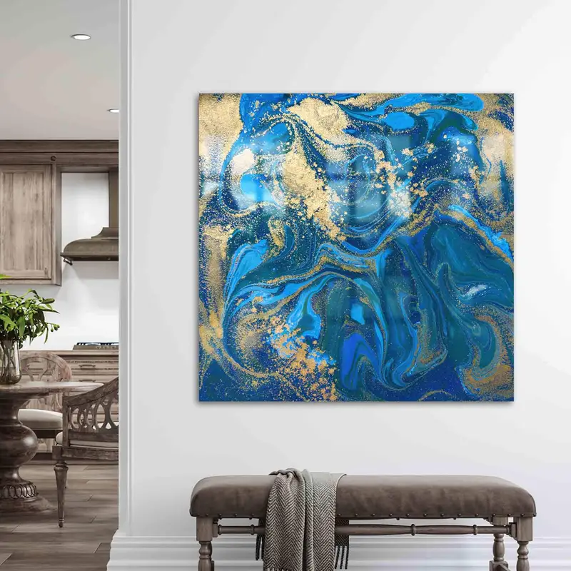 Elegant Printed Glass: Blue Marble, Gold Shimmer, Luxury Design