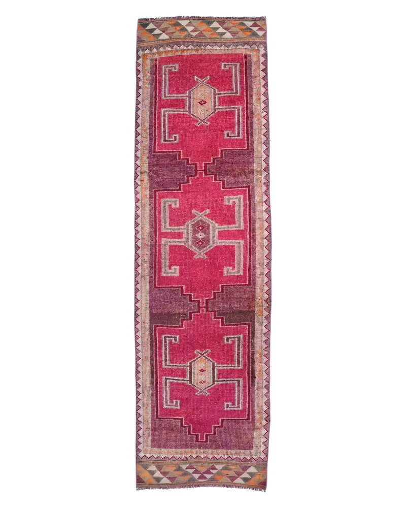 Türkischer Vintage-Teppich, 3,1 x 10,9 Fuß großer Läuferteppich, roter Herki-Karoteppich - 1