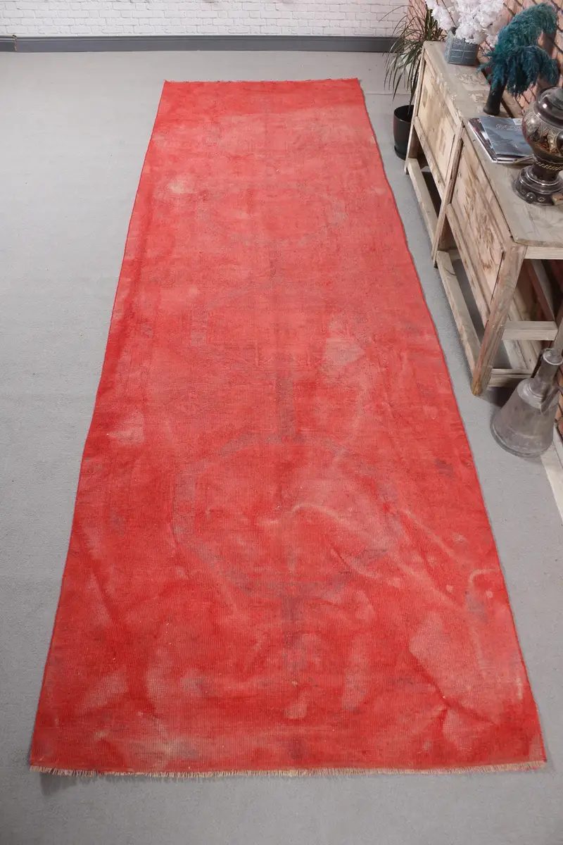 Vintage Oushak Rug 3.9x12.9 ft, Red Gray Check Wool Turkish Rug - 1