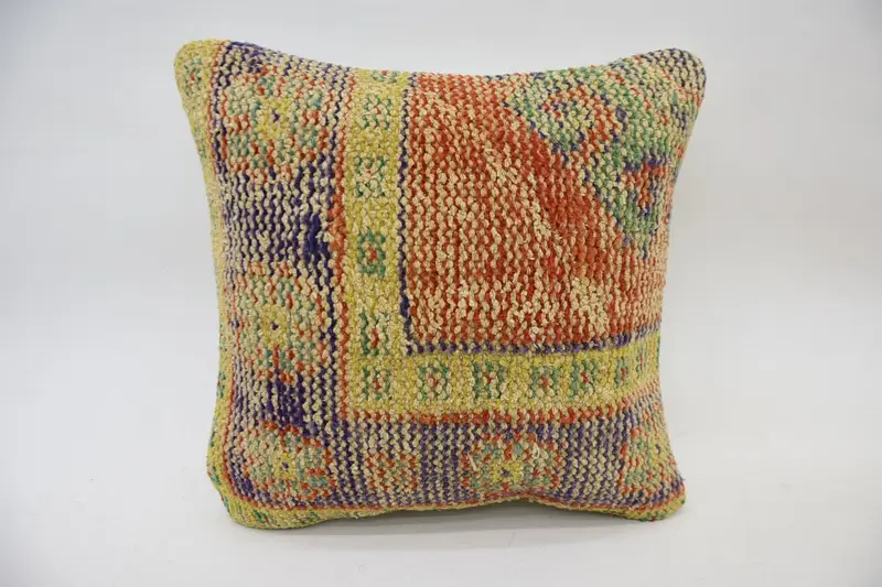 Throw Kilim Pillow, 16x16 Yellow Pillow Sham, Kilim Pillow, Outdoor Cushion, Antique Pillows, Square Throw Cushion Case, Muted Pillow Sham, Cushion - 4