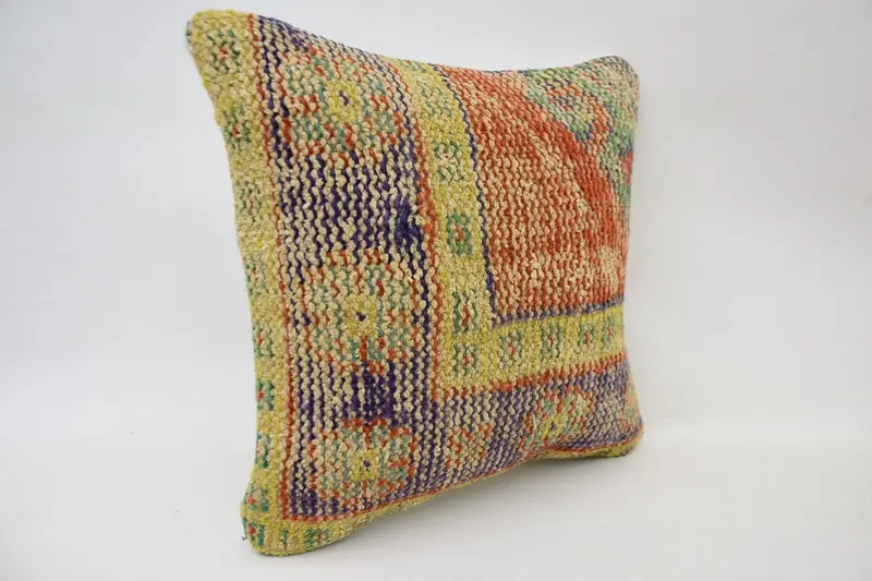 Throw Kilim Pillow, 16x16 Yellow Pillow Sham, Kilim Pillow, Outdoor Cushion, Antique Pillows, Square Throw Cushion Case, Muted Pillow Sham, Cushion - 2