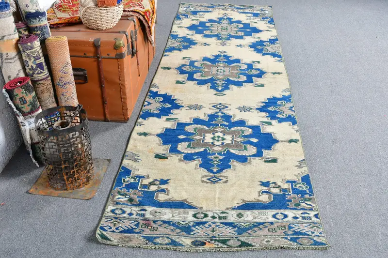 Vintage Oushak Runner Rug 3x10.3 ft (91x313 cm), Turkish Blue Animal Print Rug - 1