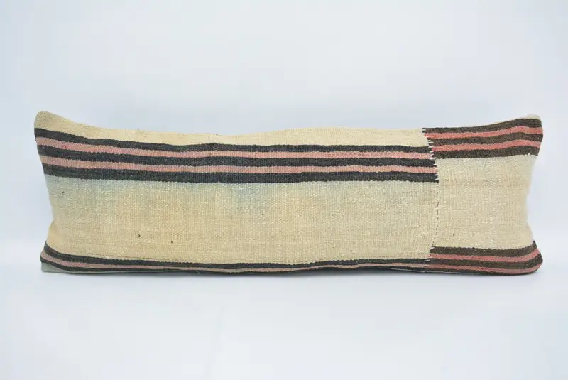 Beige & Braun gestreiftes rechteckiges Kissen, handgemachtes Vintage Kissen