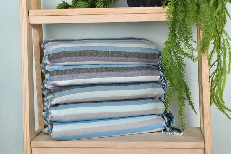 Turkish Beach Towel Blue Cotton Striped, Organic Cotton, 36x71 Inches