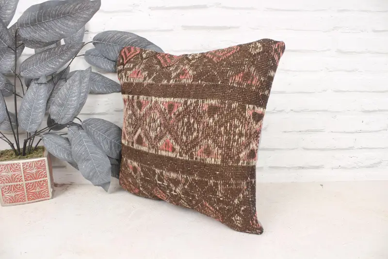 Kilim Cushion Sham, Handmade Kilim Cushion, Bench Pillow Cover, Crochet Pattern Pillow Case, Pillow Case, Gift Pillow, 16x16 Brown Pillow Case - 4