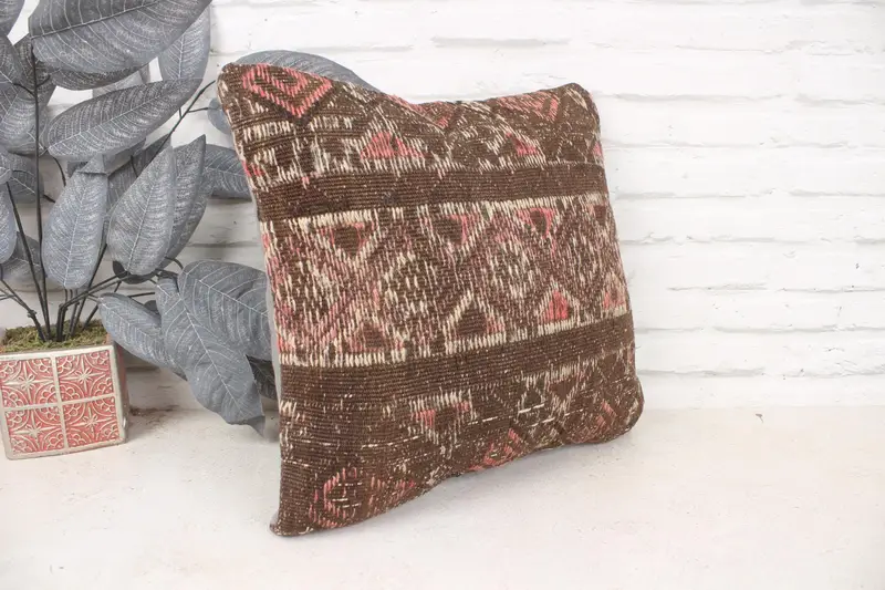 Kilim Cushion Sham, Handmade Kilim Cushion, Bench Pillow Cover, Crochet Pattern Pillow Case, Pillow Case, Gift Pillow, 16x16 Brown Pillow Case - 3