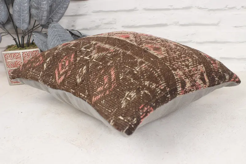 Kilim Cushion Sham, Handmade Kilim Cushion, Bench Pillow Cover, Crochet Pattern Pillow Case, Pillow Case, Gift Pillow, 16x16 Brown Pillow Case - 6