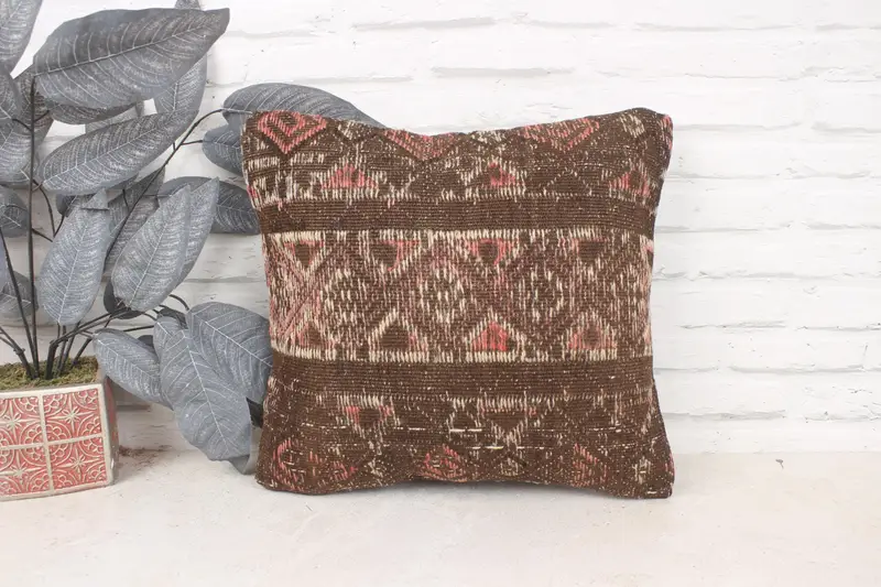 Kilim Cushion Sham, Handmade Kilim Cushion, Bench Pillow Cover, Crochet Pattern Pillow Case, Pillow Case, Gift Pillow, 16x16 Brown Pillow Case - 1