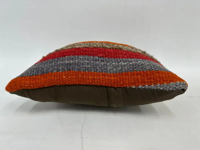 Orange & Gray Striped Embroidered Throw Pillow, 12x12 Inches Cotton Cushion - 5