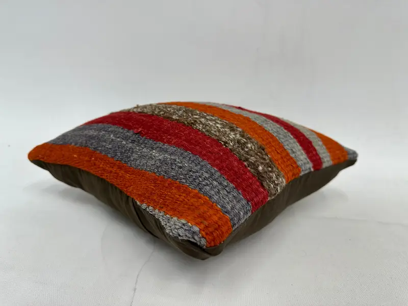 Orange & Gray Striped Embroidered Throw Pillow, 12x12 Inches Cotton Cushion - 6