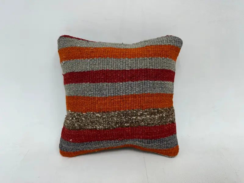 Orange & Gray Striped Embroidered Throw Pillow, 12x12 Inches Cotton Cushion - 1