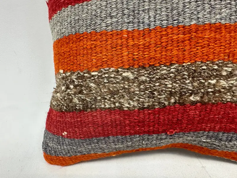 Orange & Gray Striped Embroidered Throw Pillow, 12x12 Inches Cotton Cushion - 2