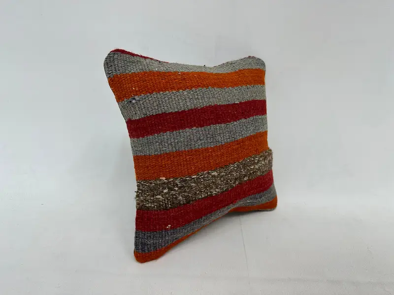 Orange & Gray Striped Embroidered Throw Pillow, 12x12 Inches Cotton Cushion - 3