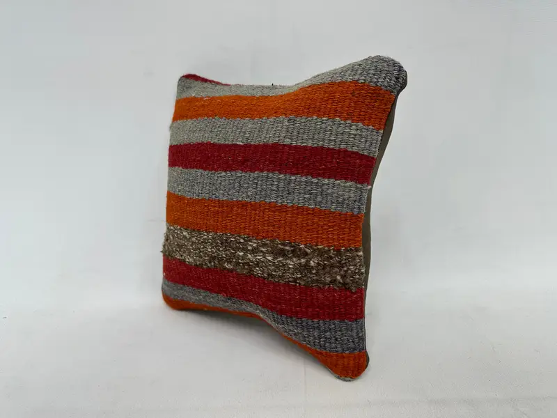 Orange & Gray Striped Embroidered Throw Pillow, 12x12 Inches Cotton Cushion - 4