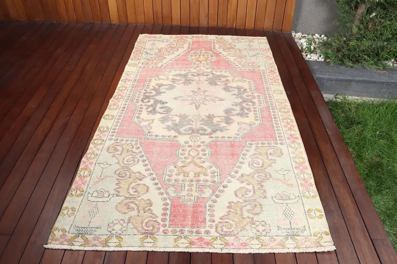 4.2x8.9 ft Türk Bölge Halısı, Kırmızı Gri Vintage Bitkiler ve ağaçlar Yün Halı - 1