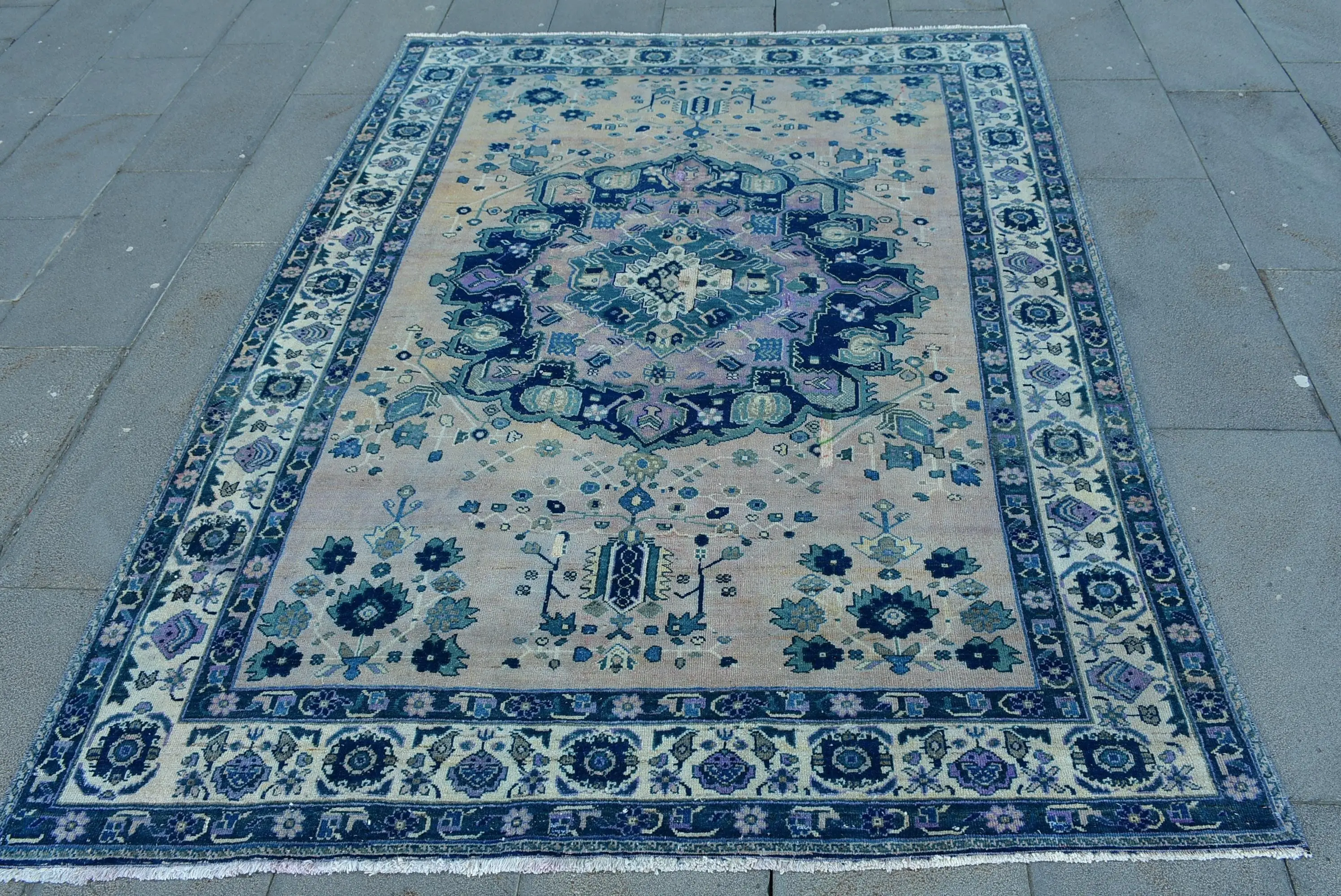 Vintage Turkish Rug, Area 5.3x7 ft (161x213 cm) Rug, Blue Wool Rug - 1