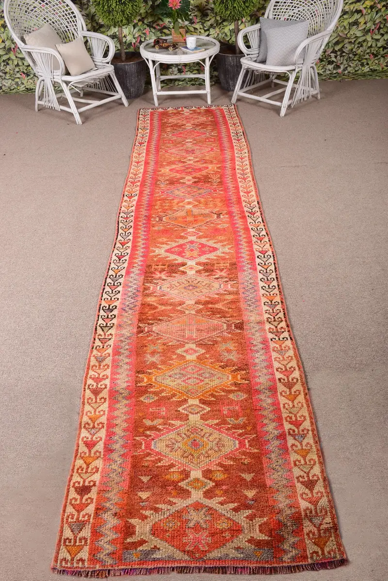 2.9x13.3 ft Halı, Türk Herki Halısı, Vintage Kırmızı Yün Çiçekli Halı - 1