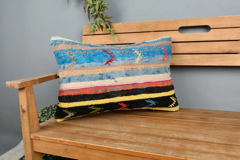 Vintage Kilim Throw Pillow, 16x24 Blue Pillow Case, Traditional Cushion Cover, Turkish Pillow, Throw Kilim Pillow, Cushion - 1