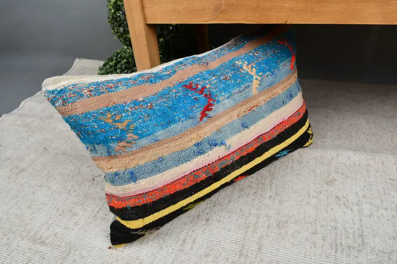 Vintage Kilim Throw Pillow, 16x24 Blue Pillow Case, Traditional Cushion Cover, Turkish Pillow, Throw Kilim Pillow, Cushion - 7