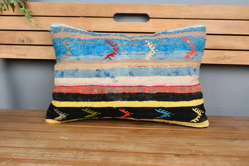 Vintage Kilim Throw Pillow, 16x24 Blue Pillow Case, Traditional Cushion Cover, Turkish Pillow, Throw Kilim Pillow, Cushion - 6