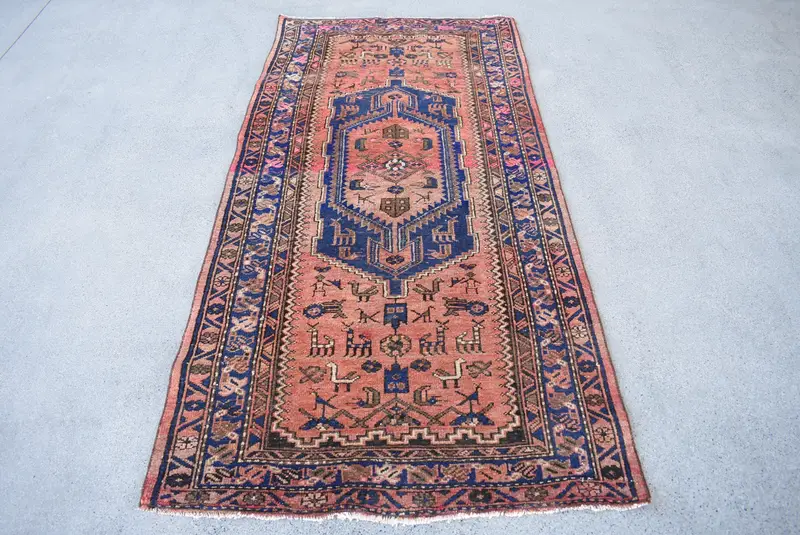 Vintage 3.2x6.7 ft Halı, Accent Türk Halısı, Turuncu Mavi Halı - 1