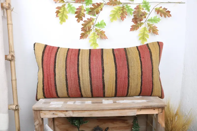 Kilim Cushion Sham, Pillow, 16x36 Red Cushion, Vintage Kilim Throw Pillow, Knitted Cushion, Meditation Cushion, Ethnical Kilim Rug Pillow - 1