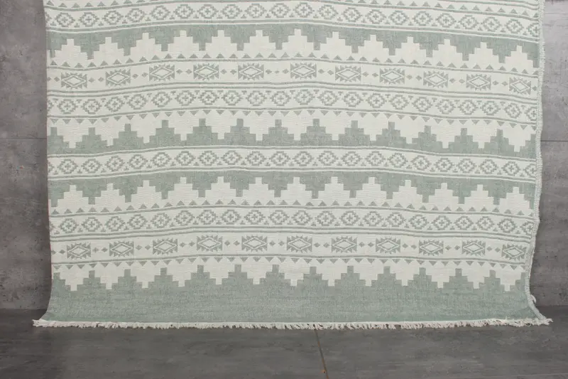 Dark Green Cotton Kilim Blanket, Patchwork Pattern, 56x85 Inches